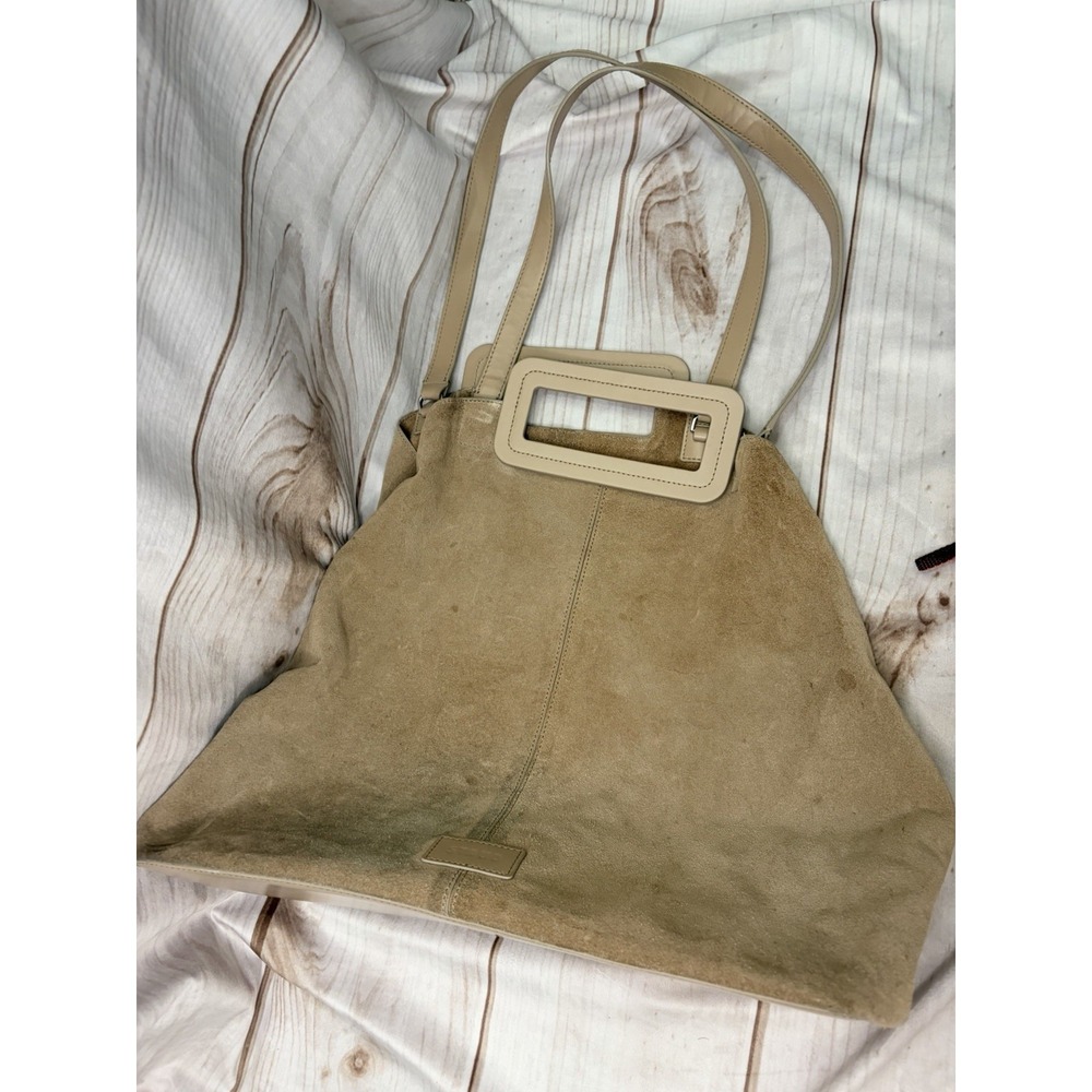 STAUD‎ Large Suede Tote Bag Beige Leather Handles Removable Zip Pouch Designer